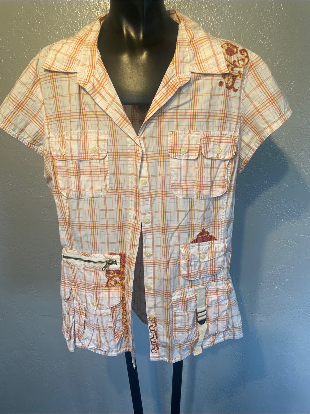 Workshop Republic Clothing Plaid Button-Down Shirt in White and Orange